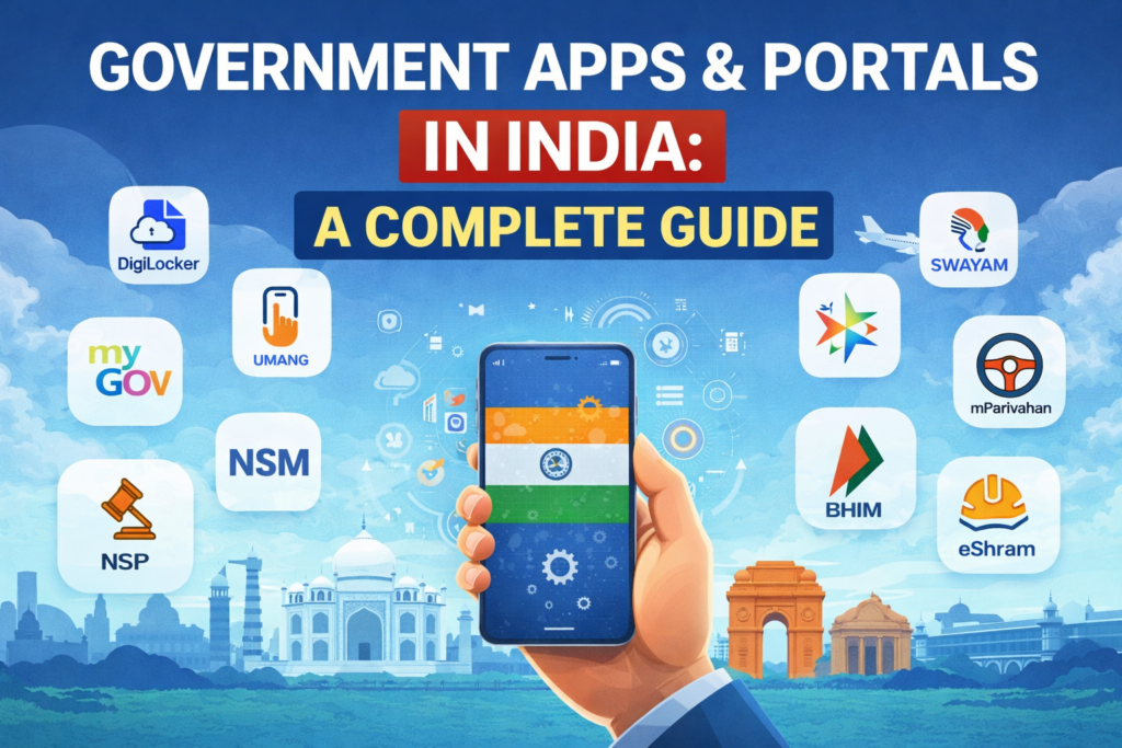 Government Apps & Portals in India: Complete Guide (DigiLocker, UMANG, MyGov, GeM, NSP, eCourts, SWAYAM, BHIM, mParivahan, eShram, DigiYatra) Government Apps & Portals in India